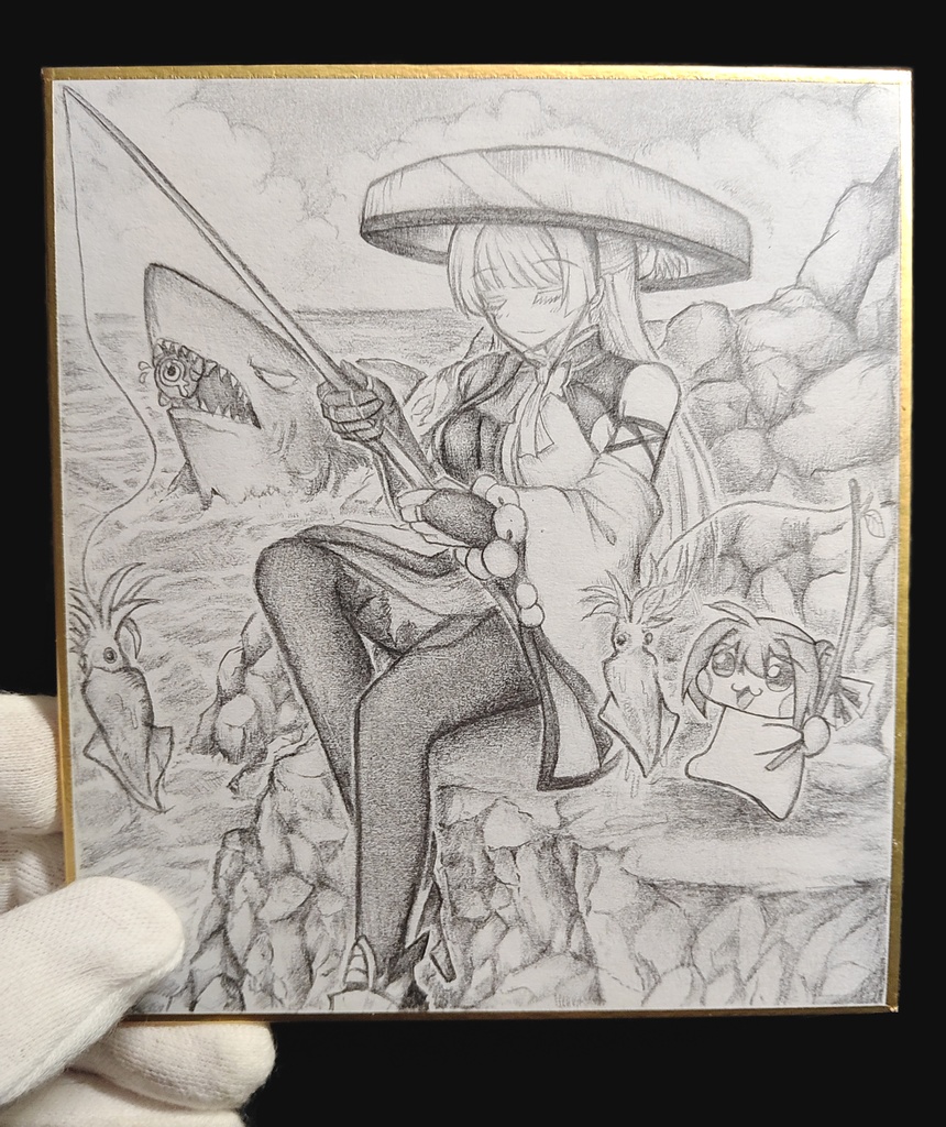 釣りを楽しむナユタたちの色紙イラスト 原画