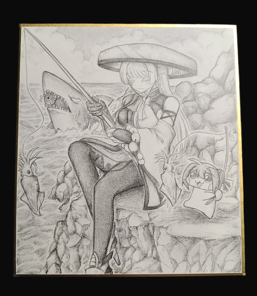 釣りを楽しむナユタたちの色紙イラスト 原画