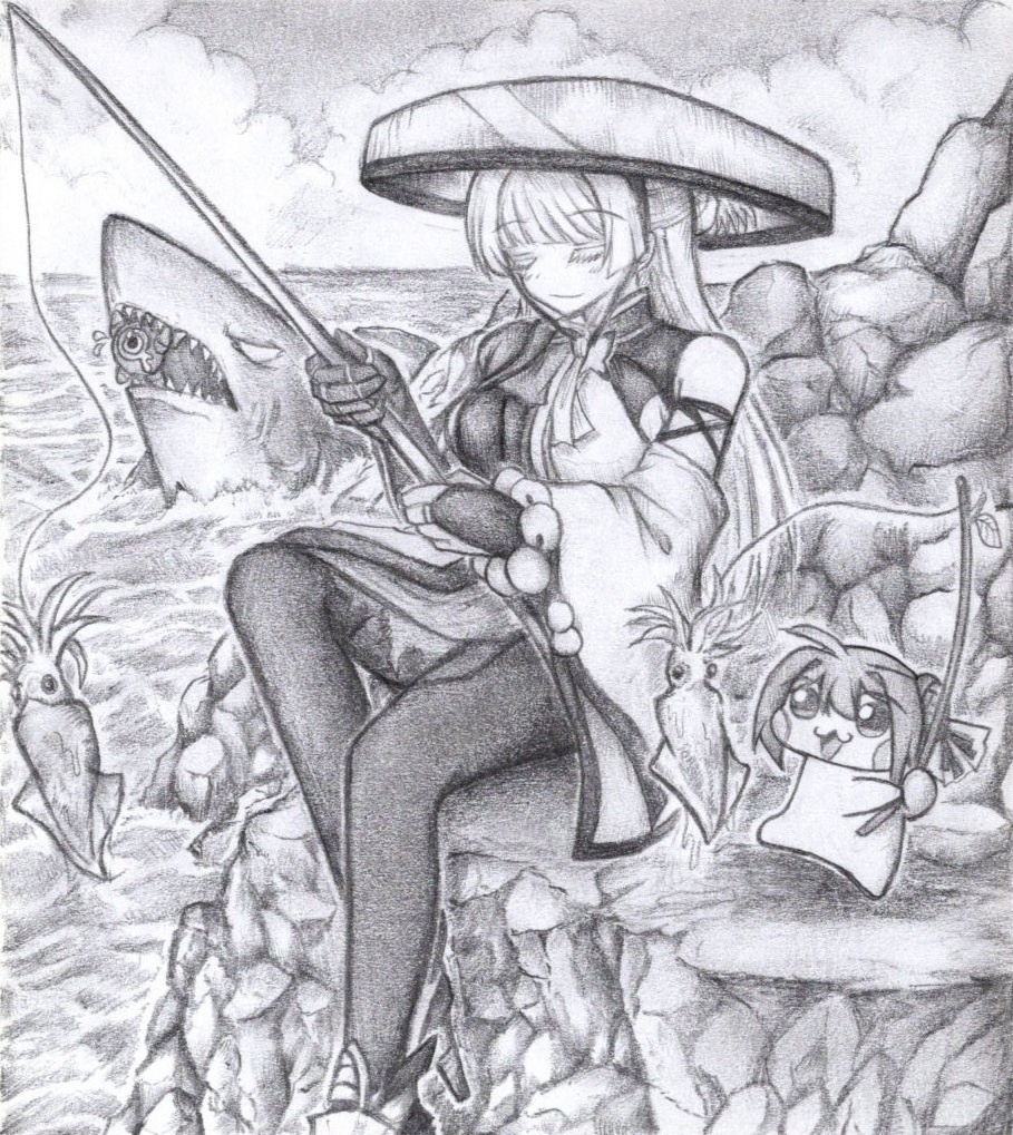 釣りを楽しむナユタたちの色紙イラスト 原画