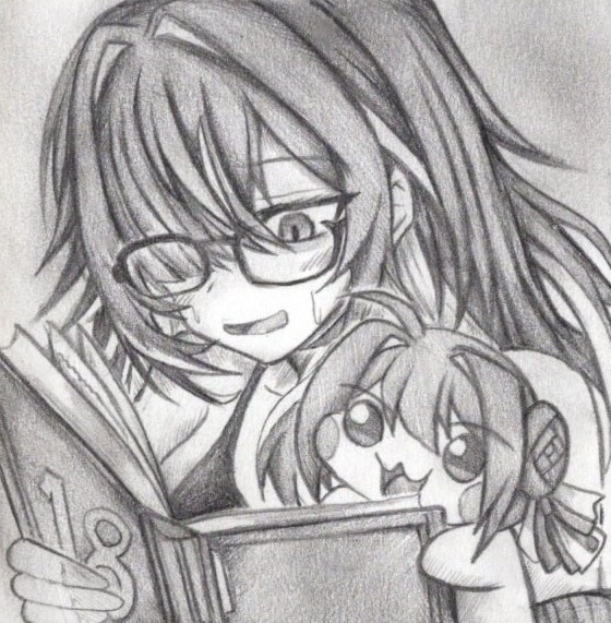 レーベルと一緒に本を読むDoroの色紙イラスト 原画