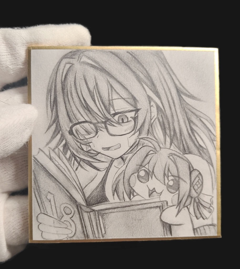 レーベルと一緒に本を読むDoroの色紙イラスト 原画