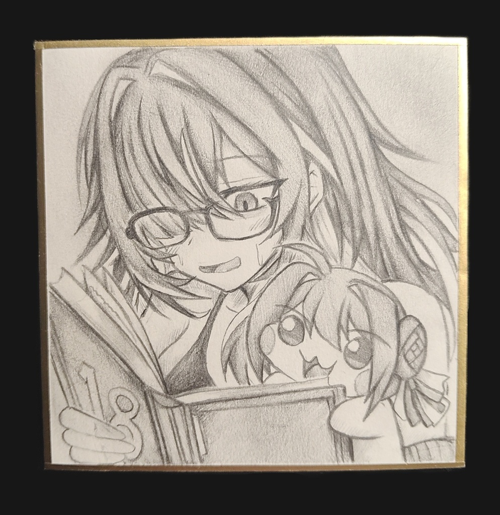 レーベルと一緒に本を読むDoroの色紙イラスト 原画