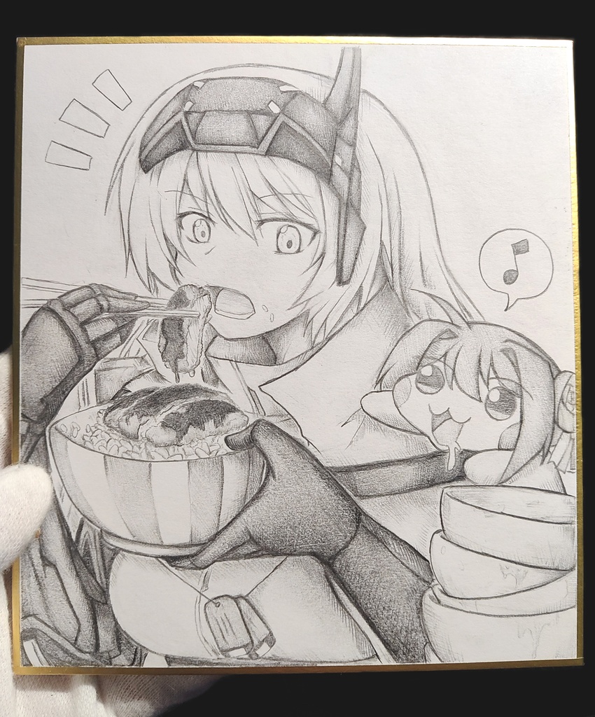 カツ丼を食べるスノーホワイトの色紙イラスト 原画