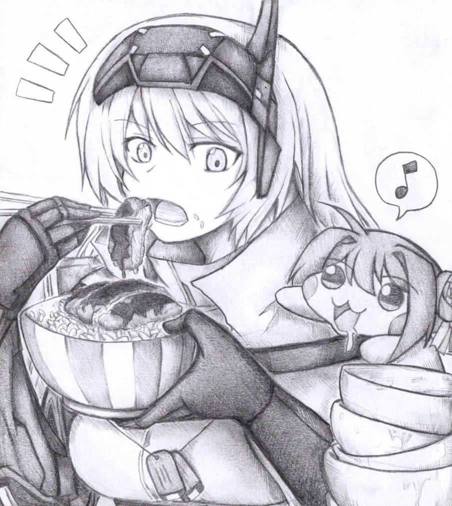 カツ丼を食べるスノーホワイトの色紙イラスト 原画