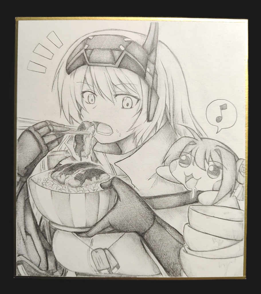 カツ丼を食べるスノーホワイトの色紙イラスト 原画