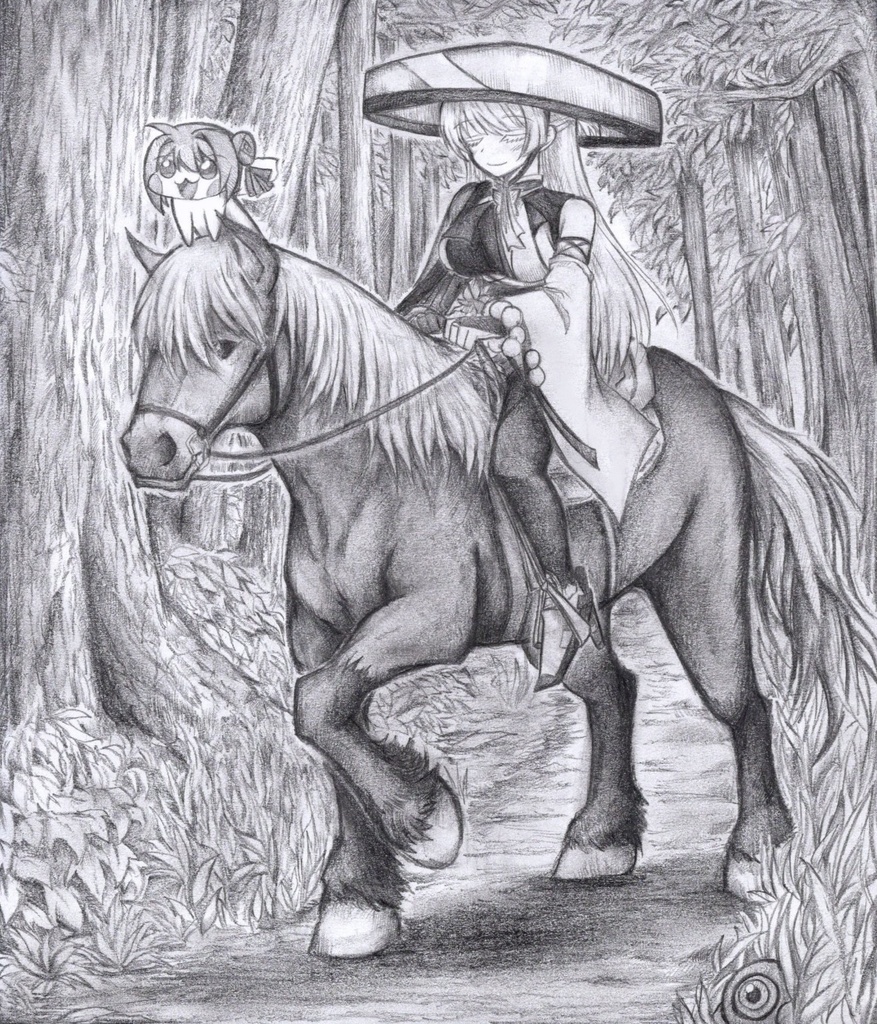 馬に乗って移動するナユタの色紙イラスト 原画