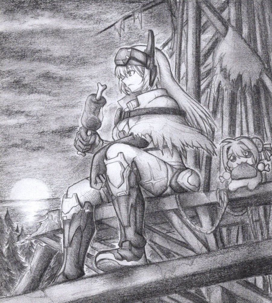 夕焼けに佇むスノーホワイトの色紙イラスト 原画