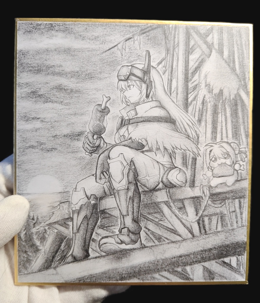 夕焼けに佇むスノーホワイトの色紙イラスト 原画