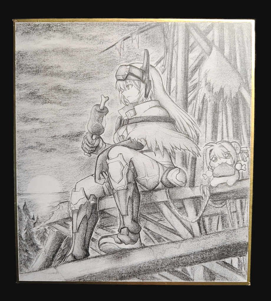 夕焼けに佇むスノーホワイトの色紙イラスト 原画