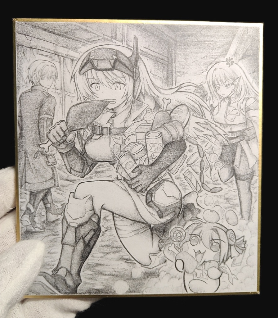 食料を持って逃げるスノーホワイトの色紙イラスト 原画