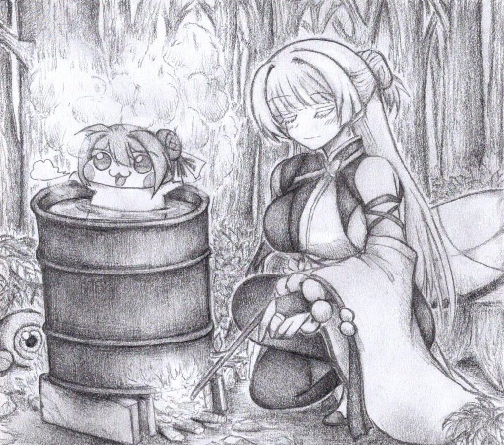 ドラム缶風呂に入るDoroの色紙イラスト 原画