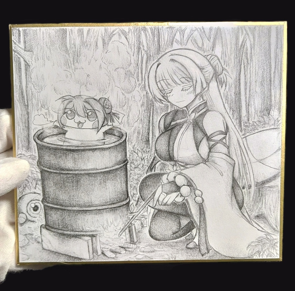 ドラム缶風呂に入るDoroの色紙イラスト 原画