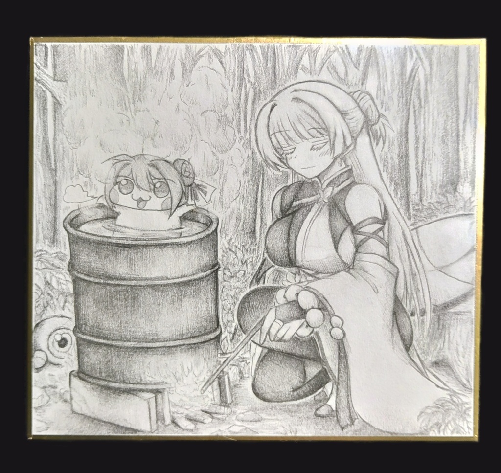 ドラム缶風呂に入るDoroの色紙イラスト 原画