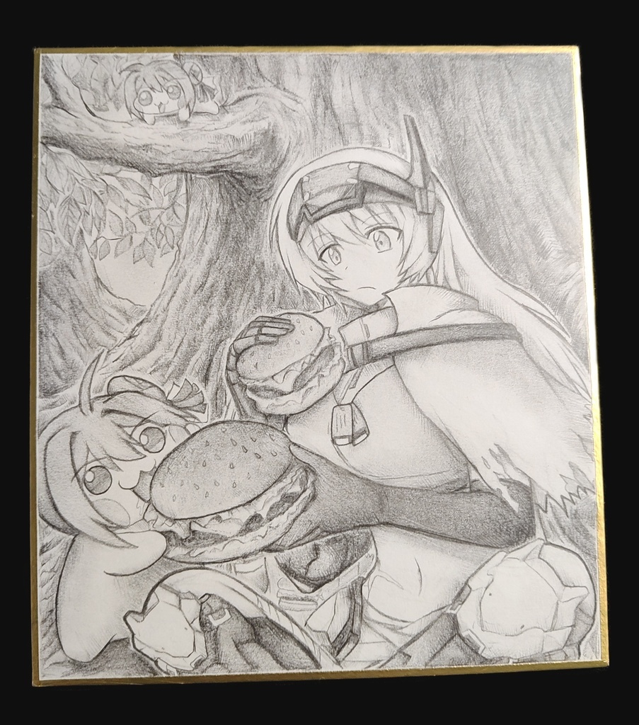 Doroにハンバーガーを分けるスノーホワイトの色紙イラスト 原画