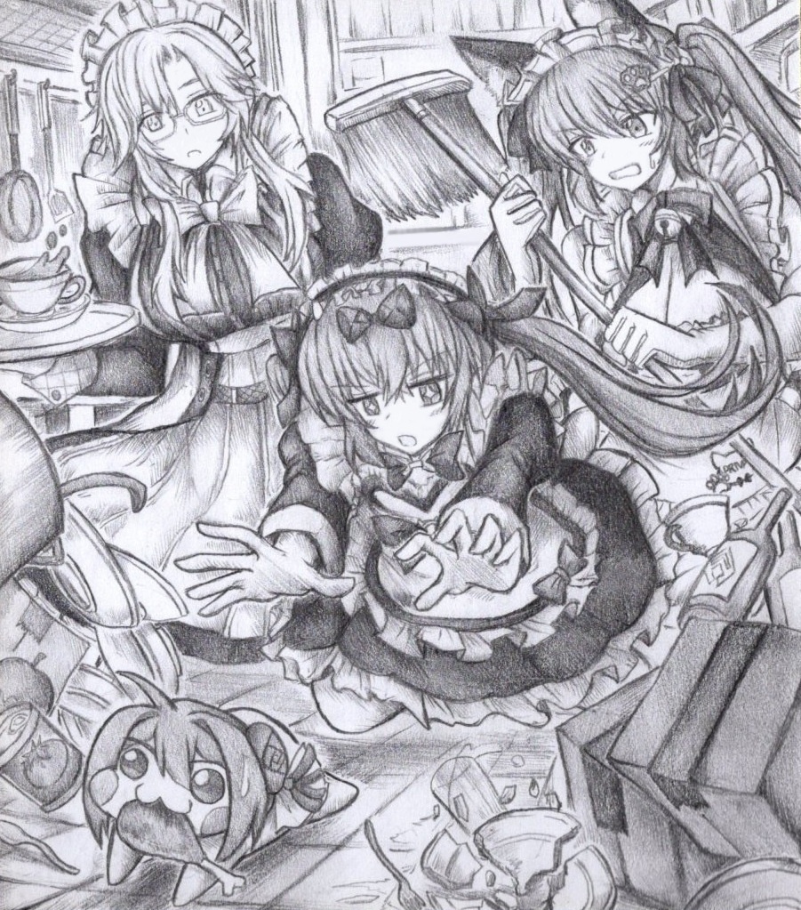 Doroを追いかけるメイドたちの色紙イラスト 原画