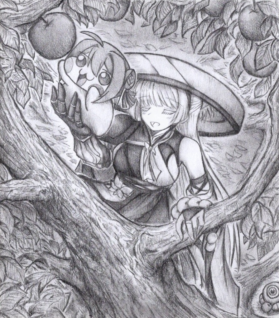 Doroにリンゴを取ってもらうナユタの色紙イラスト 原画