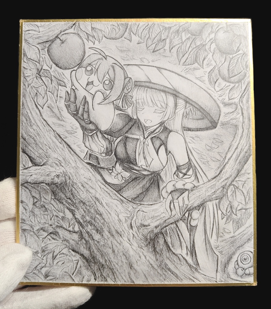 Doroにリンゴを取ってもらうナユタの色紙イラスト 原画