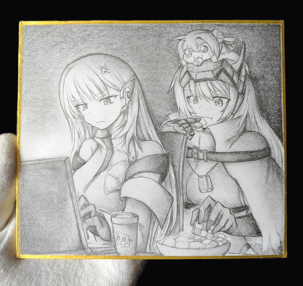 セシルの夜食を勝手に食べるスノーホワイトの色紙イラスト 原画