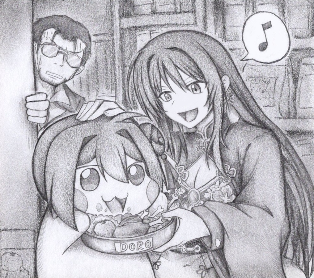 Doroにごはんをあげてるモランの色紙イラスト 原画