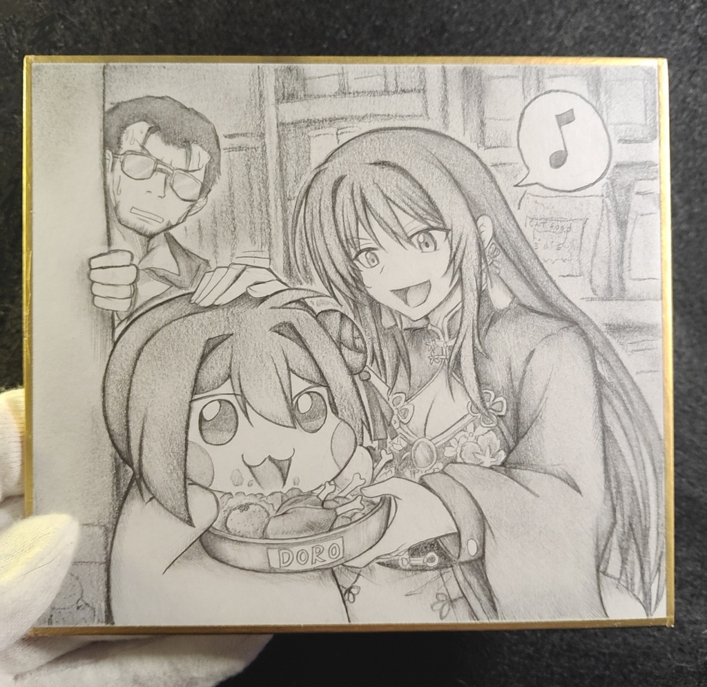 Doroにごはんをあげてるモランの色紙イラスト 原画