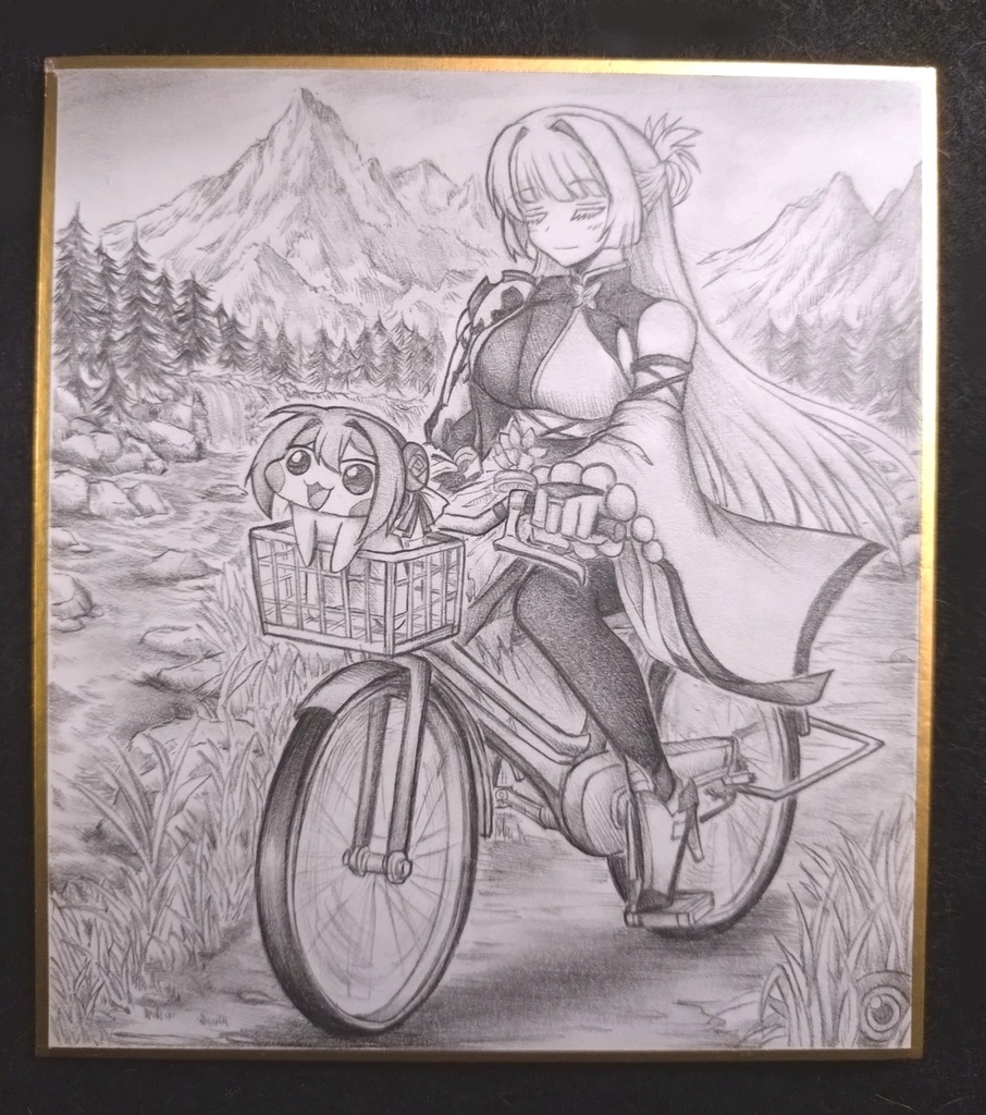 自転車で移動するナユタの色紙イラスト 原画