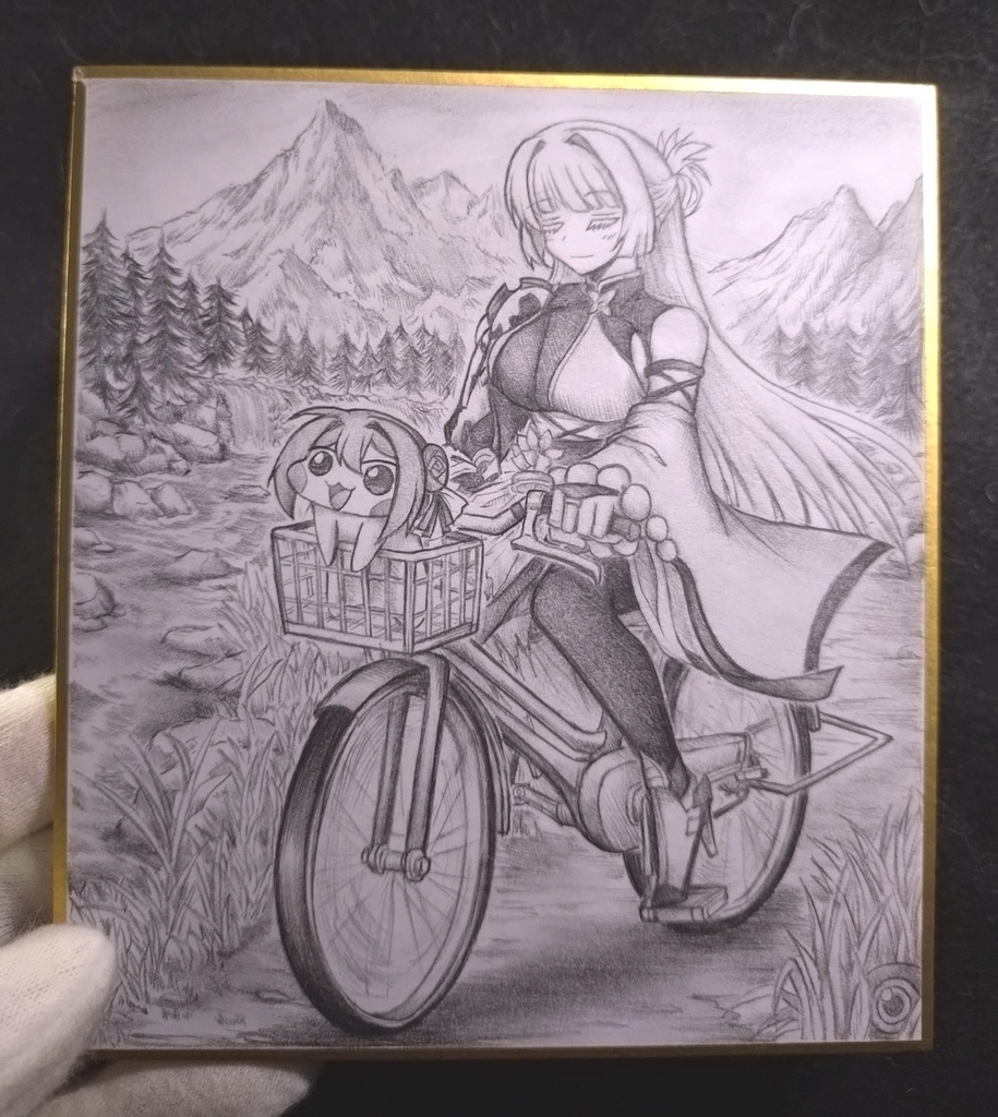 自転車で移動するナユタの色紙イラスト 原画