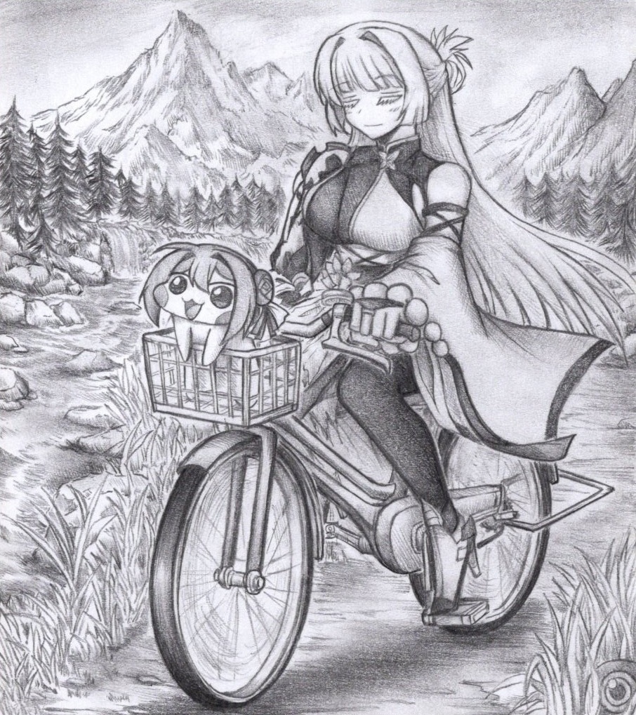 自転車で移動するナユタの色紙イラスト 原画