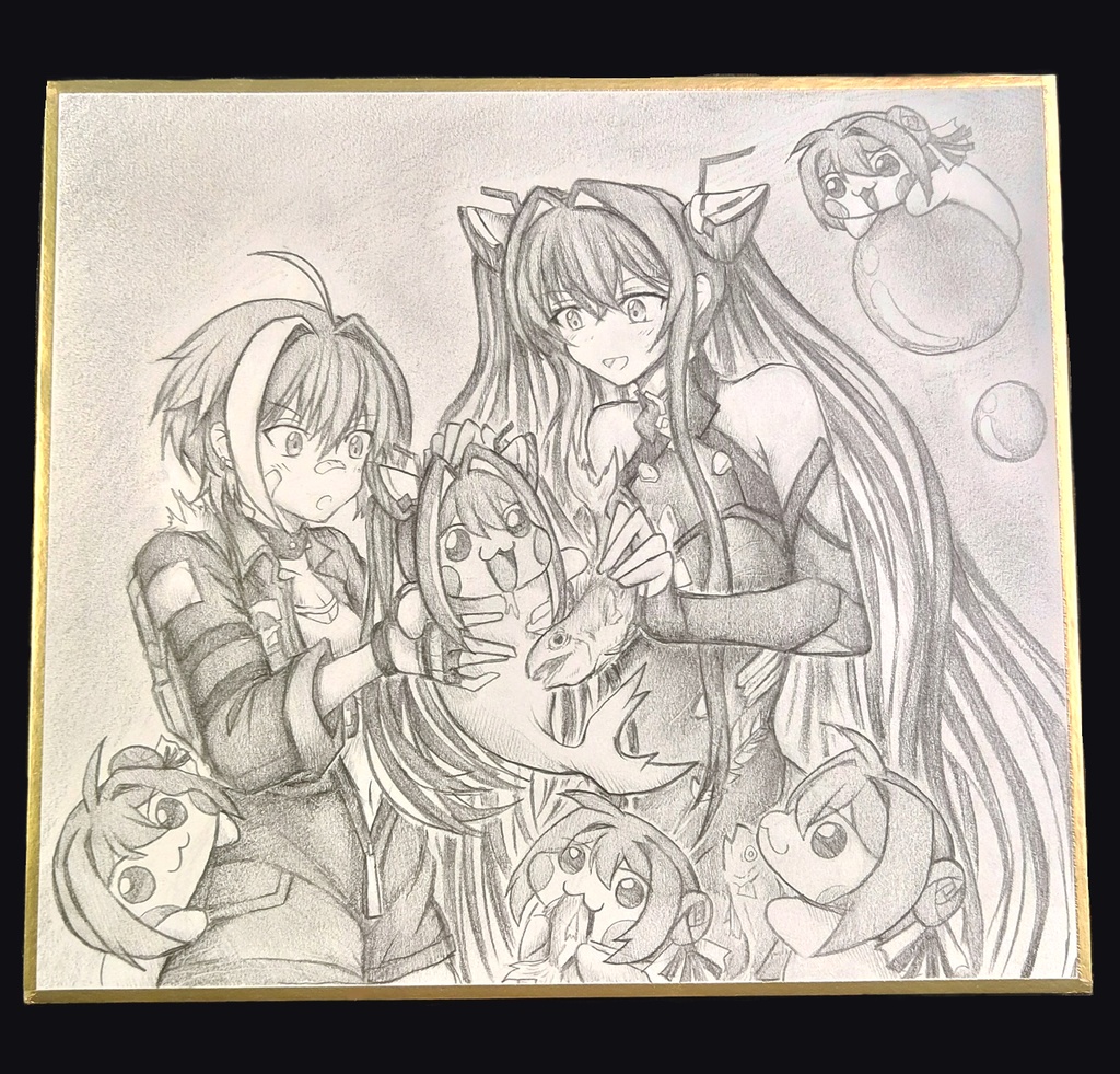 Doro達に魚をあげるセイレーンとモリーの色紙イラスト 原画