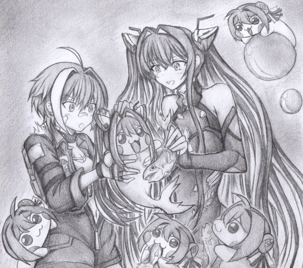 Doro達に魚をあげるセイレーンとモリーの色紙イラスト 原画