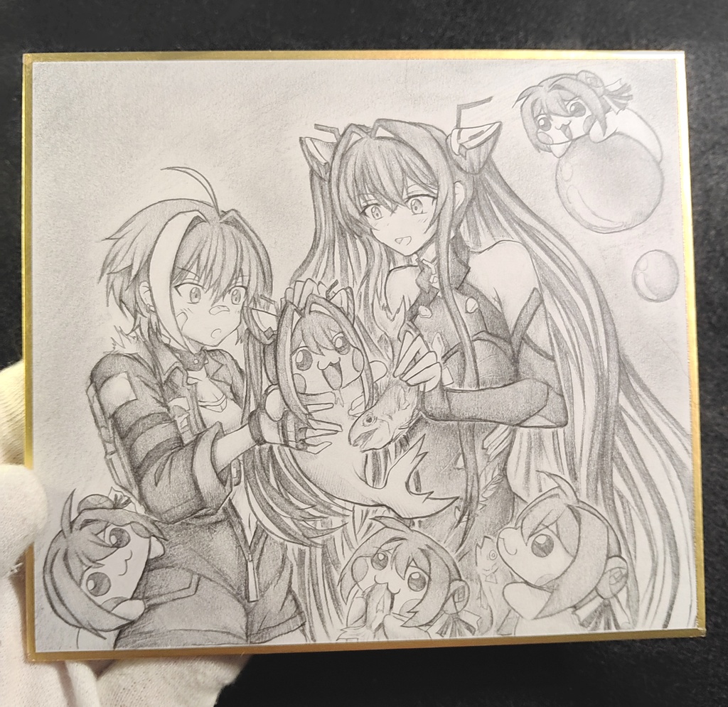 Doro達に魚をあげるセイレーンとモリーの色紙イラスト 原画