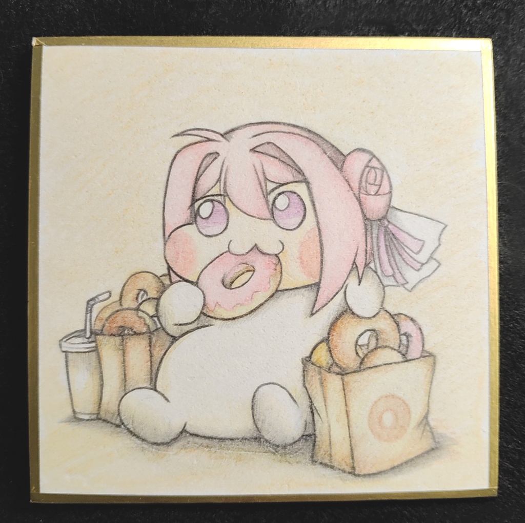 ちょっとおやつを食べ過ぎちゃってるDoroの色紙イラスト 原画