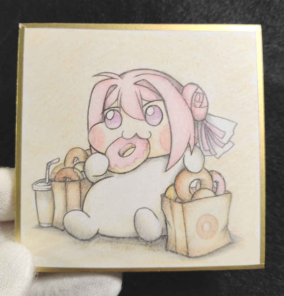 ちょっとおやつを食べ過ぎちゃってるDoroの色紙イラスト 原画