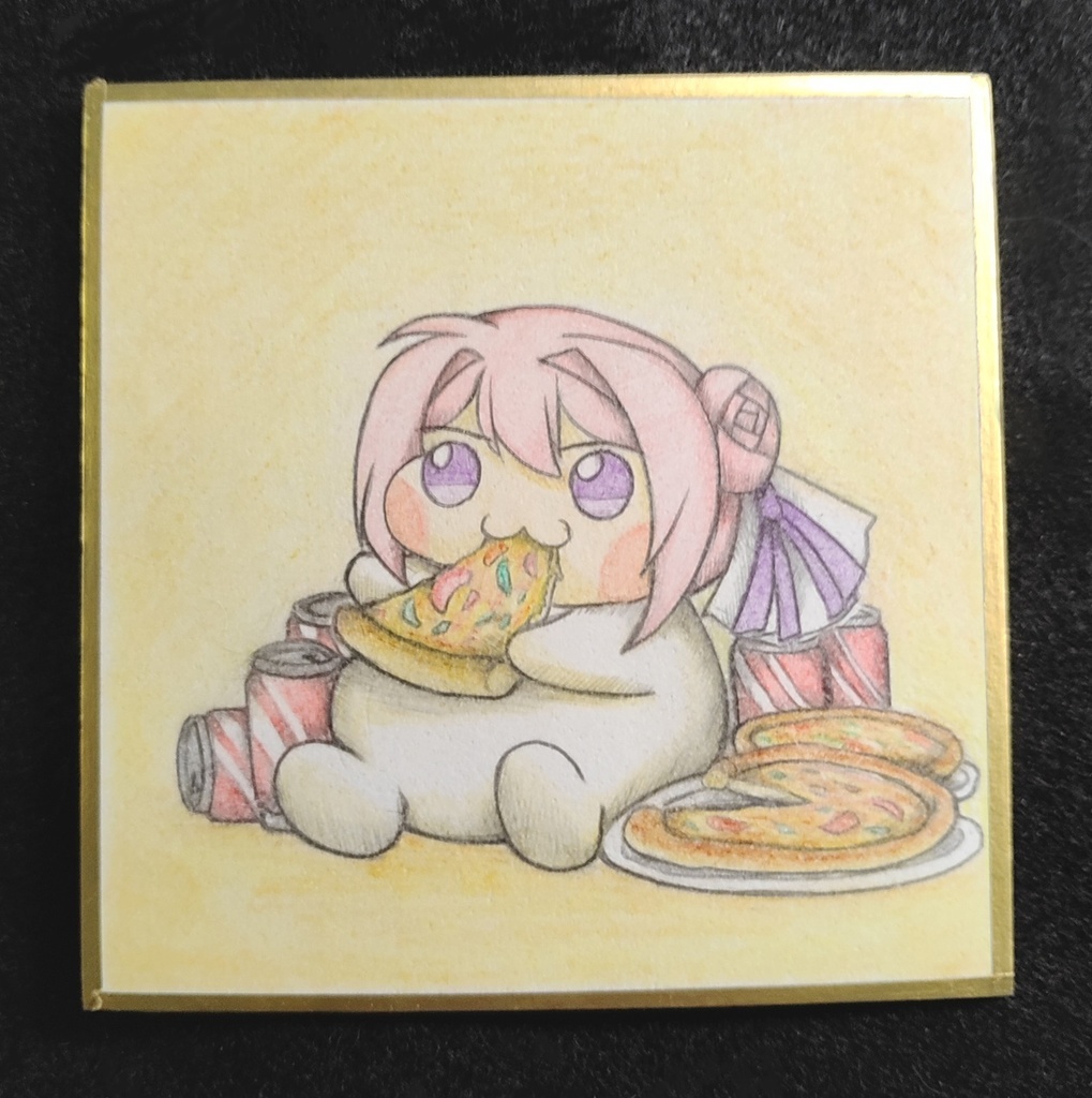 ピザをドカ食いするDoroの色紙イラスト 原画