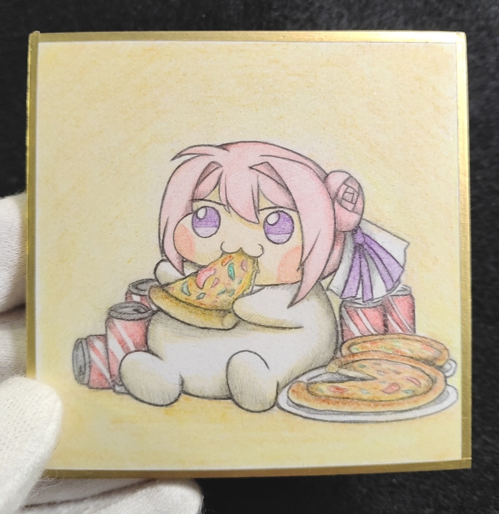 ピザをドカ食いするDoroの色紙イラスト 原画