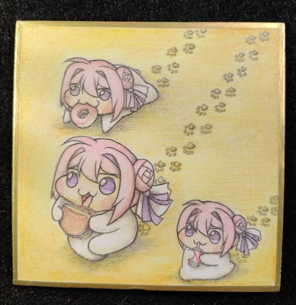 食べ歩きしてるDoro達の色紙イラスト 原画