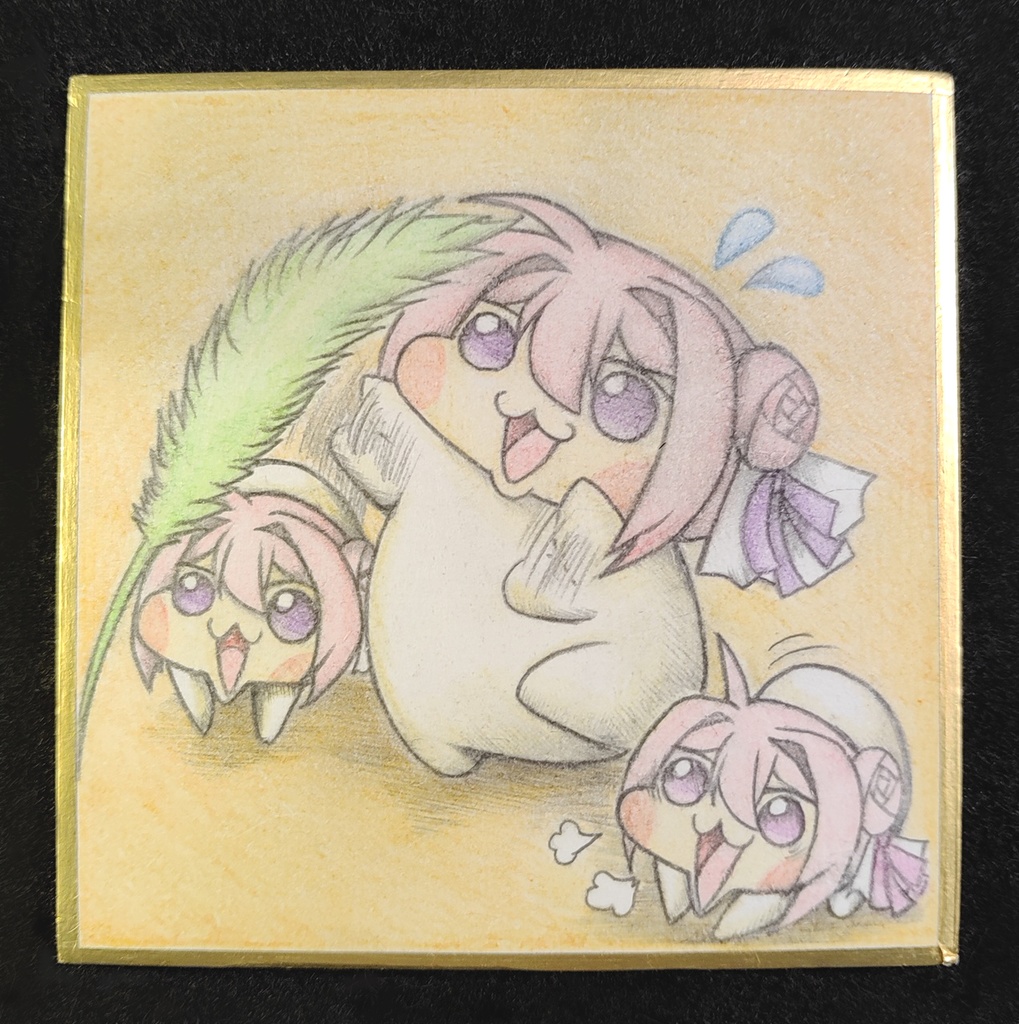 猫じゃらしで遊ぶDoro達の色紙イラスト 原画