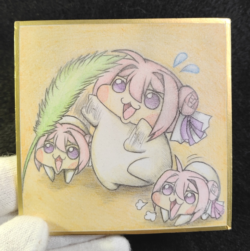 猫じゃらしで遊ぶDoro達の色紙イラスト 原画