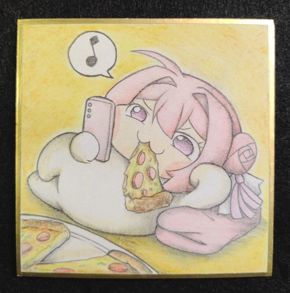 寝転んでピザを食べるDoroの色紙イラスト 原画