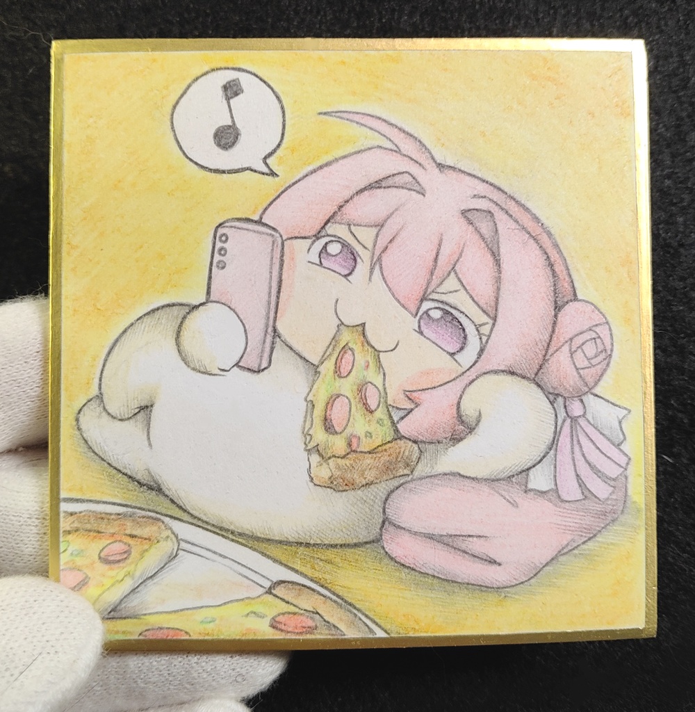 寝転んでピザを食べるDoroの色紙イラスト 原画