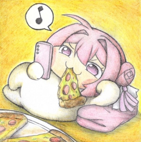 寝転んでピザを食べるDoroの色紙イラスト 原画