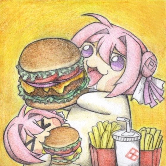 ハンバーガーを食べるDoroの色紙イラスト 原画