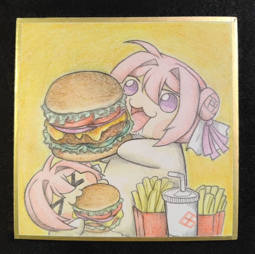 ハンバーガーを食べるDoroの色紙イラスト 原画