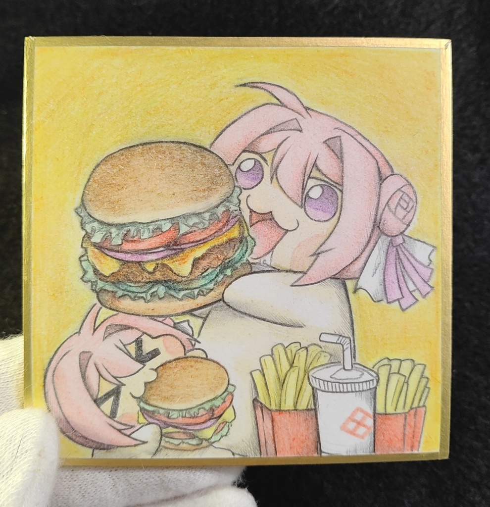 ハンバーガーを食べるDoroの色紙イラスト 原画
