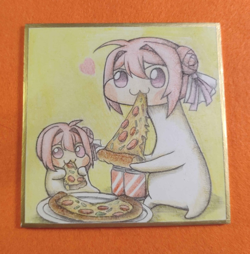 ピザを食べる首長Doroの色紙イラスト 原画