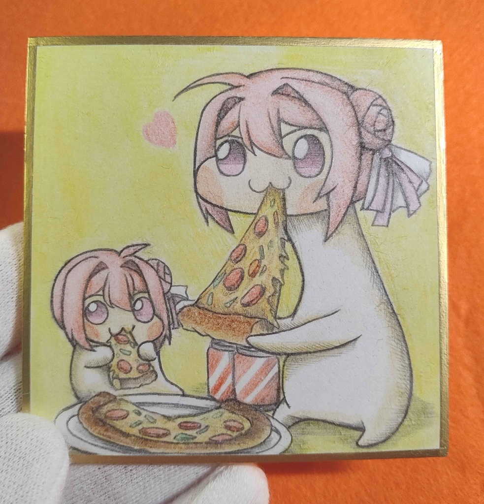 ピザを食べる首長Doroの色紙イラスト 原画