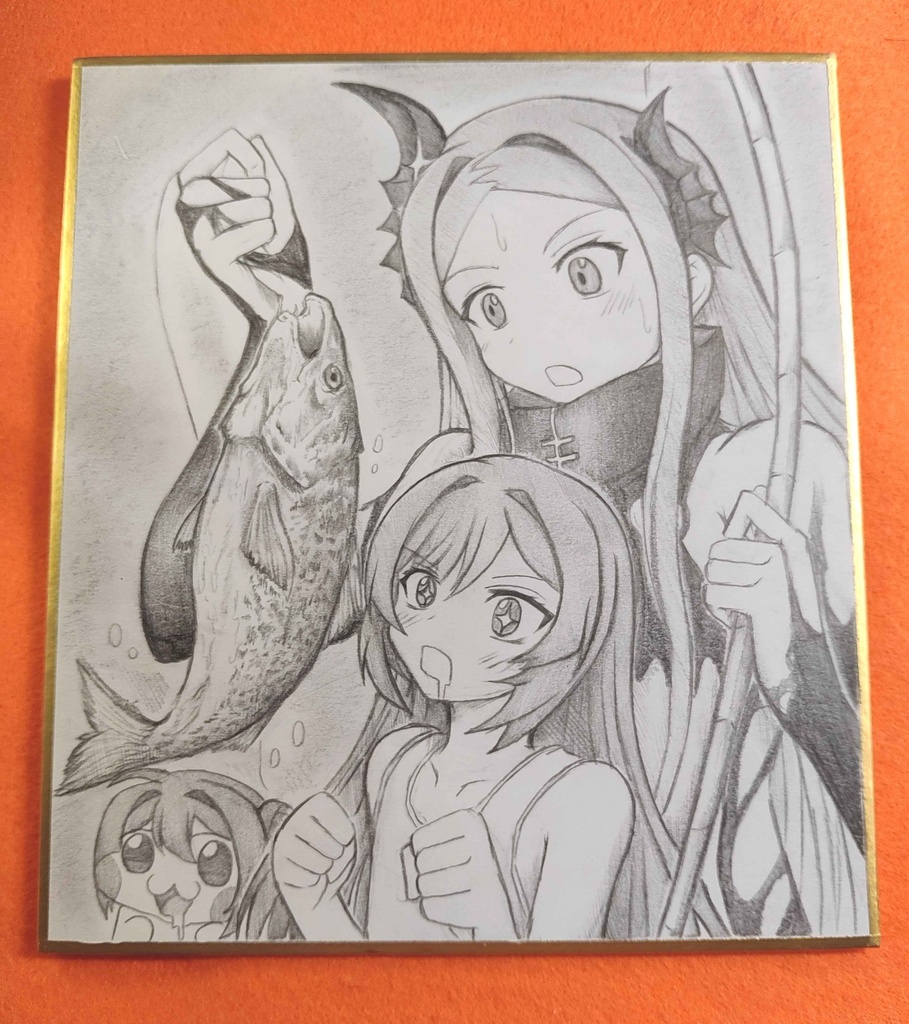 大物が釣れて感激してるオンリーワンの色紙イラスト 原画