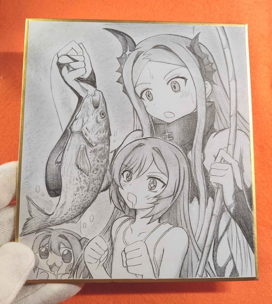大物が釣れて感激してるオンリーワンの色紙イラスト 原画