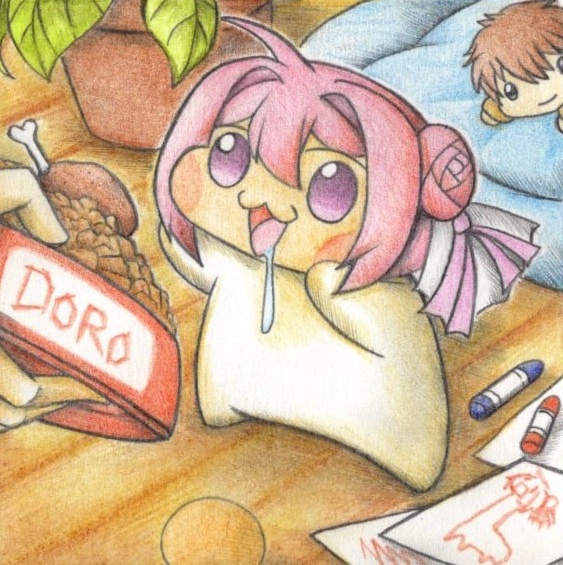 ご飯をもらうDoroの色紙イラスト 原画