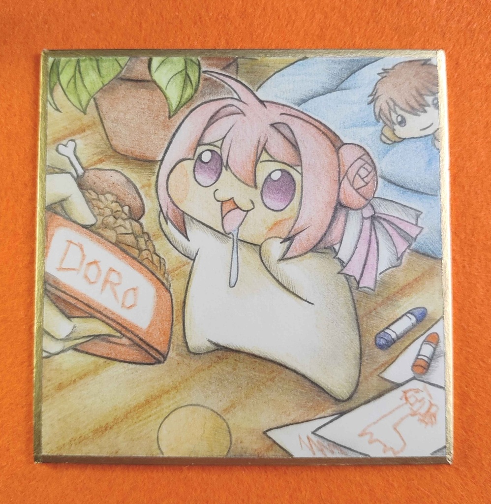 ご飯をもらうDoroの色紙イラスト 原画