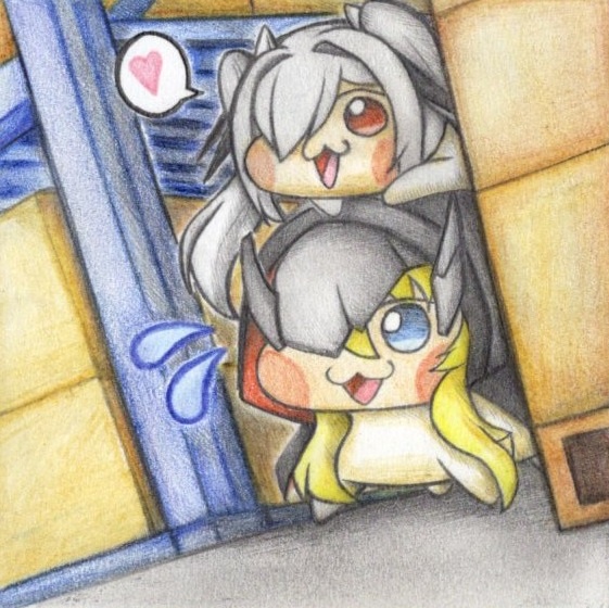 倉庫にいるシンDoroラとグレDoroの色紙イラスト 原画